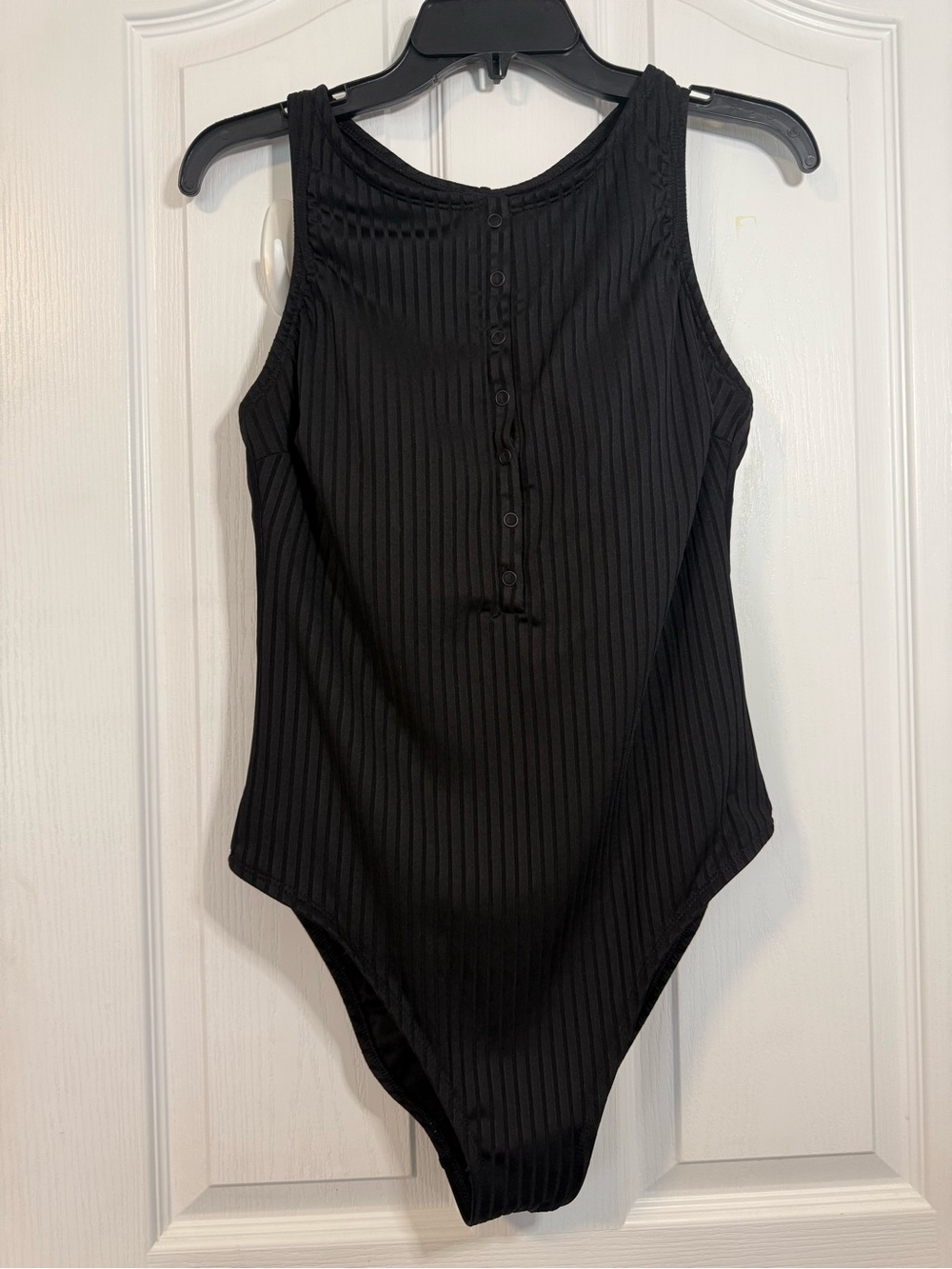 Shade & Shore Black Ribbed Tank One-Piece Swimsuit with Front Buttons